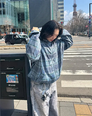 (Unisex) Check Hooded Wind Jacket