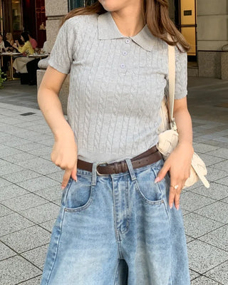 Cable knit slim-fit short-sleeve knit