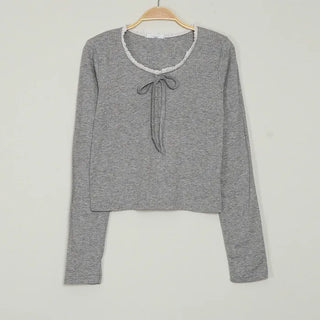 Ribbed lace ribbon long-sleeved T-shirt