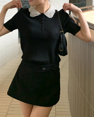 Pearl-embellished color-accented short-sleeved knit