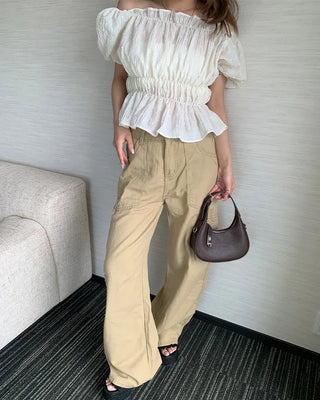 Beige pocket cotton wide-leg pants