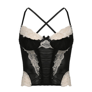 Lace hem contrast ruffle ruched patchwork cross back crop top