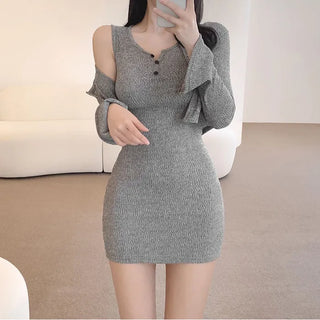 Slim-sleeve slit cardigan and button-up sleeveless dress set