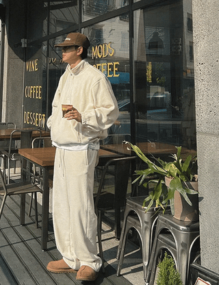 Fleece Half-Zip Elastic Waist Pants Set (4 colors, M~L)