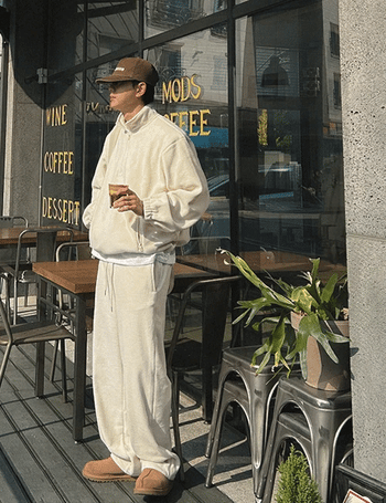 Fleece Half-Zip Elastic Waist Pants Set (4 colors, M~L)