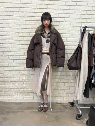 [NEVERSEEZ] Spliced Detachable Fur Collar Down Jacket