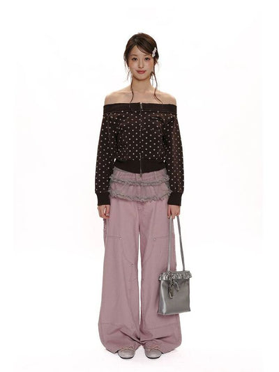 [Moromoro2] Distressed Star Print Off-Shoulder  Sweatshirt