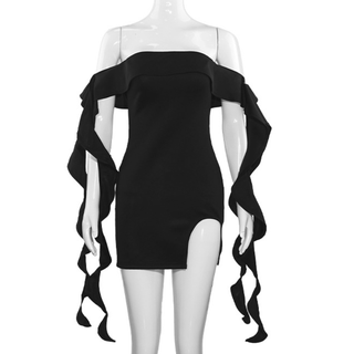 Off shoulder ruffle slit mini dress