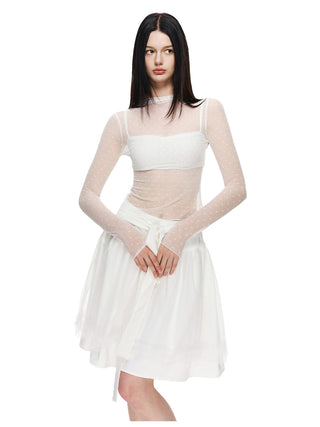 [NECY] Love Dot Lace Inner Top & Bat Sleeve Tie Cardigan
