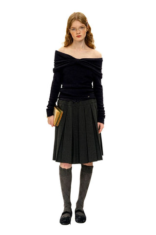 [Moromoro2] Bow Pleated Off-shoulder Knit  Sweater