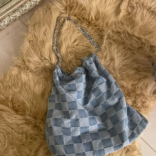 Checked denim chain bag