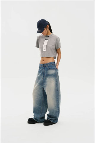 [MASONPRINCE] Curved Cut Washed Denim Wide Pants