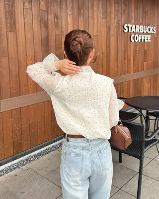 Polka Dot Ribbon Tie Frill Chiffon Blouse