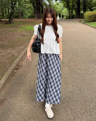 Checked elastic waist string long skirt
