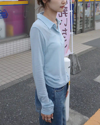 Button-collar long-sleeve T-shirt