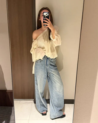 Chiffon Shirring Asymmetrical Ribbon Blouse