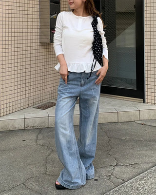 Henley neck frill long-sleeved T-shirt