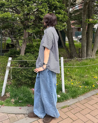 Seersucker check short-sleeved shirt