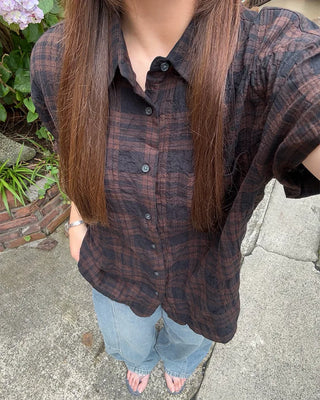 (Unisex) Check Roll-Up Short-Sleeve Shirt
