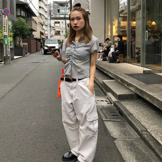 Cropped check shirred shirt