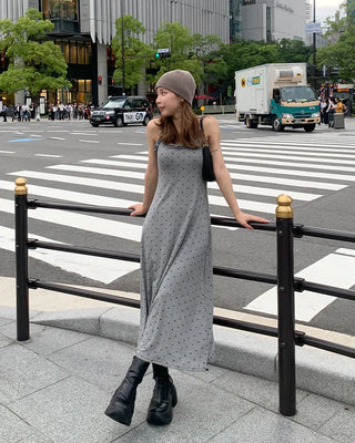 Cap-attached polka dot camisole long dress
