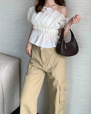 Beige pocket cotton wide-leg pants