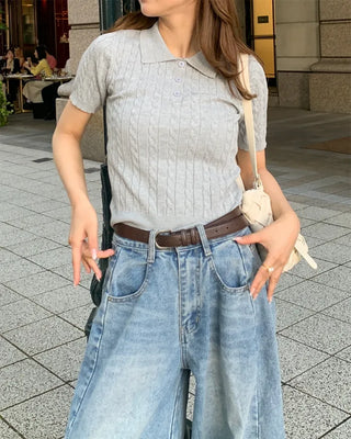 Cable knit slim-fit short-sleeve knit