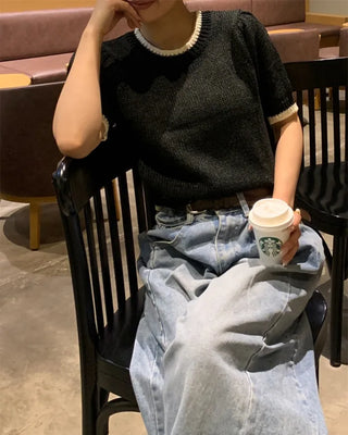 Two-tone boucle short-sleeved knit