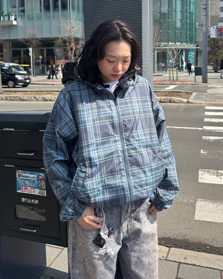 (Unisex) Check Hooded Wind Jacket