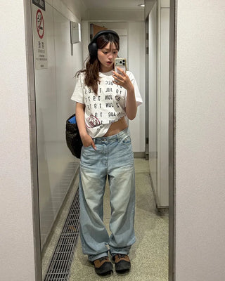 Washed double-pocket wide-leg denim