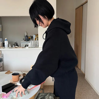 Simple knit hooded knit pants set