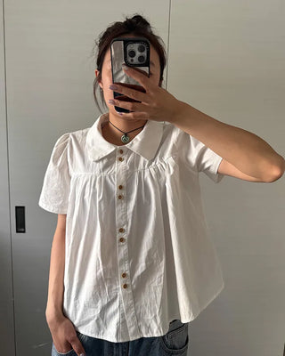 Wood Button Shirring Blouse
