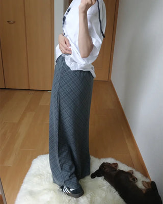 Waist string check long skirt
