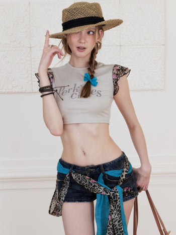 [NECY] Floral Leopard Flutter Crop Top