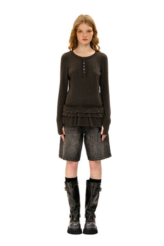 [Moromoro2] Soft Ribbed Lace Trim Long Sleeve  Top