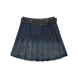 [Moromoro2] Contrast Stitch Belt Denim Pleated  Skirt