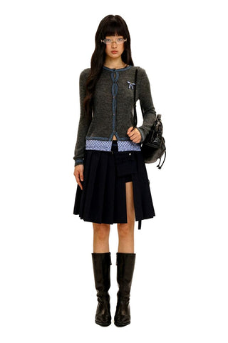 [Moromoro2] Layered Hem Plaid Bow Slim Fit  Cardigan