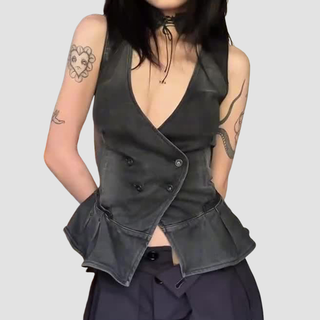 Denim v neck button sleeveless top