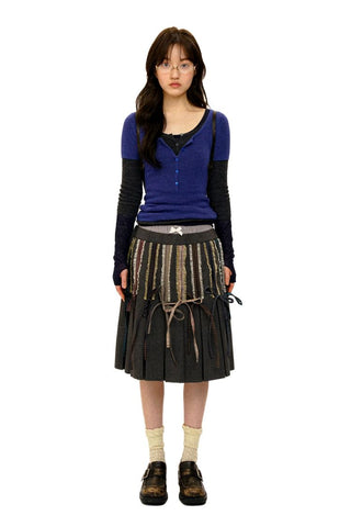 [Moromoro2] Lace Trim Plaid Patchwork Pleated  Skirt