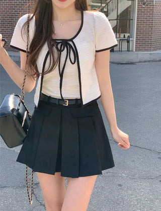[2pcs] Tweed Ribbon Sleeveless Cardigan Set