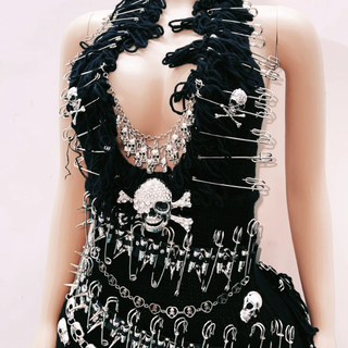 Halter fluffy skull applique backless mini dress
