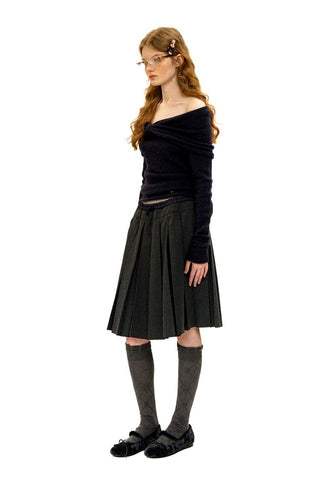 [Moromoro2] Bow Pleated Off-shoulder Knit  Sweater