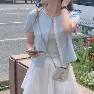[SET] Cropped Short-Sleeve Ribbed Sleeveless Cardigan Set (4c)