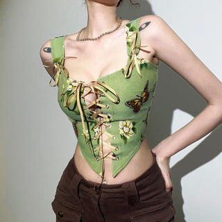 Print bow tie lace up bustier crop top