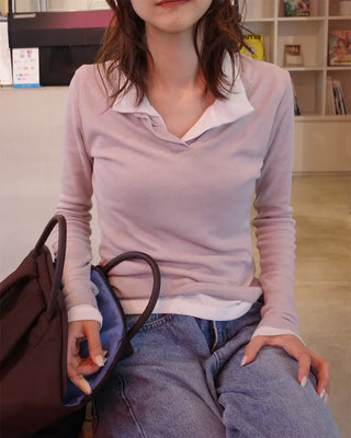 Open-collar long-sleeve T-shirt
