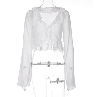Chiffon see through ruffled long sleeve top