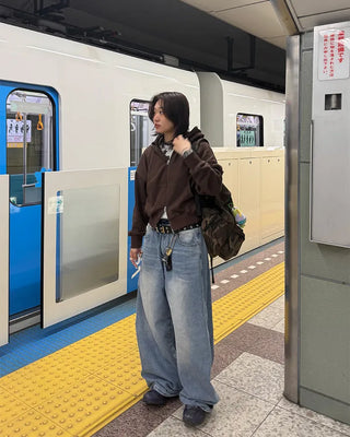 Washed balloon denim pants