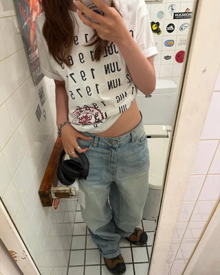 Washed double-pocket wide-leg denim