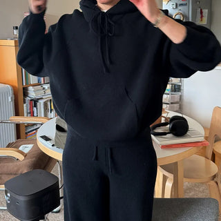 Simple knit hooded knit pants set