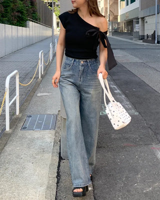 One-shoulder ribbon detail shirred blouse